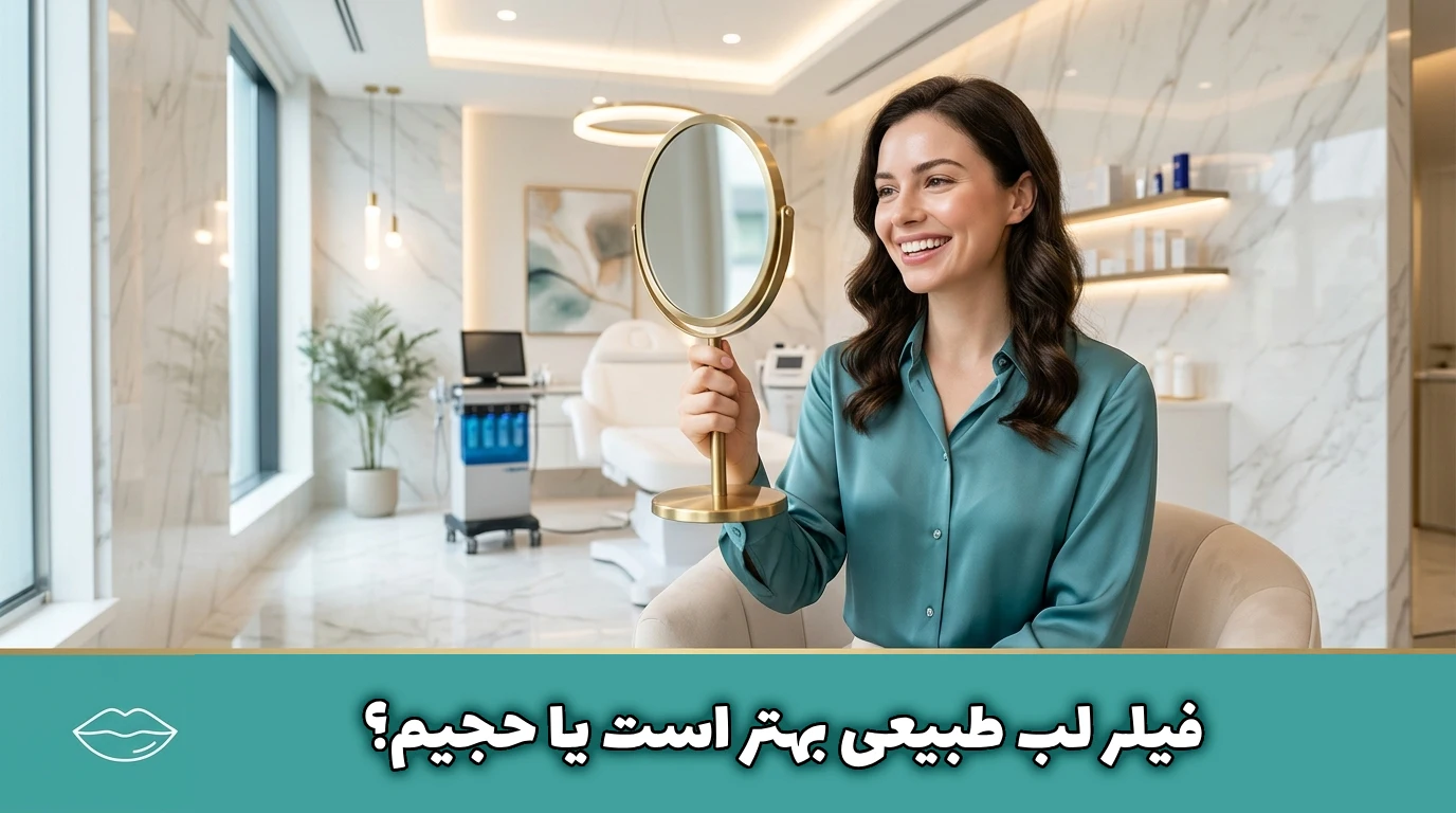 مقایسه فیلر لب طبیعی و حجیم در آینه کلینیک زیبایی