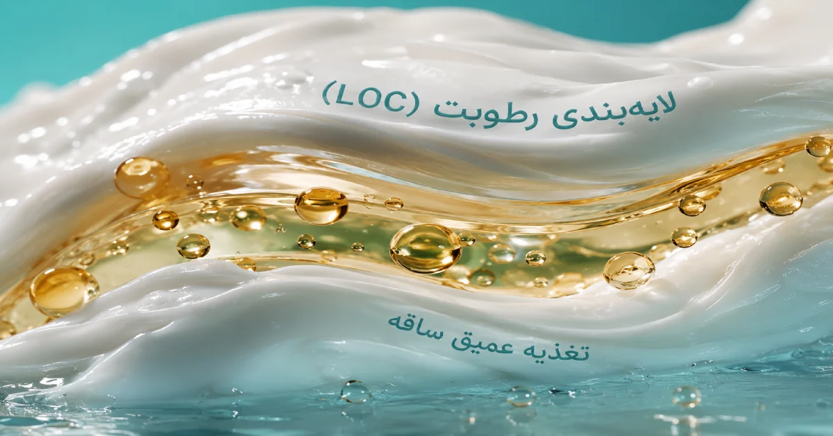 بافت کرم مو و قطرات روغن طبیعی با سایههای فیروزهای برای نمایش لایهبندی رطوبت و روش LOC در موهای فر