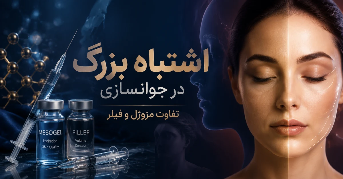تصویر مفهومی مقایسه مزوژل و فیلر برای جوانسازی پوست با نمایش تزریقهای زیبایی، مراقبت از بافت صورت و تفاوت آبرسانی و حجمدهی