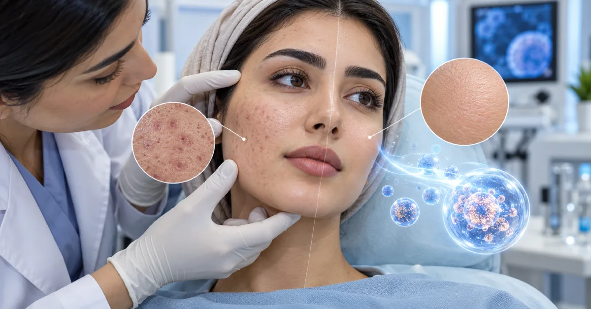 بهبود جای جوش و ناهمواری پوست با اگزوزوم تراپی و نمایش مقایسه پوست آسیبدیده با پوست صافتر و شادابتر
