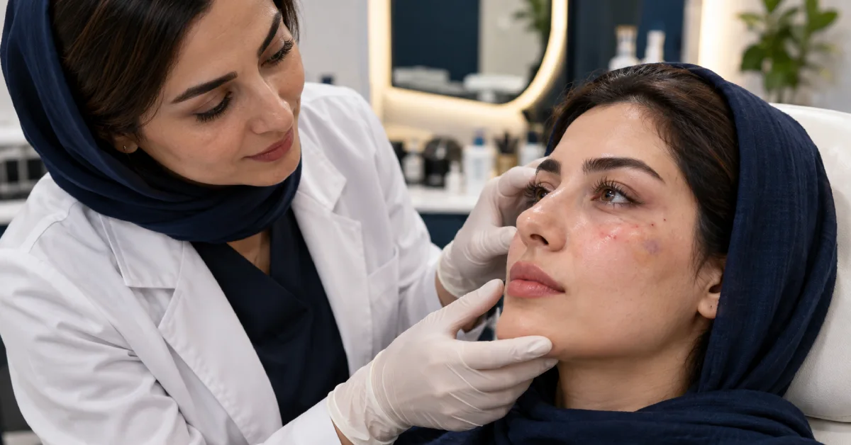 عوارض طبیعی بعد از تزریق مزوژل با نمایش بررسی پوست صورت، قرمزی خفیف، کبودی جزئی و معاینه در کلینیک زیبایی