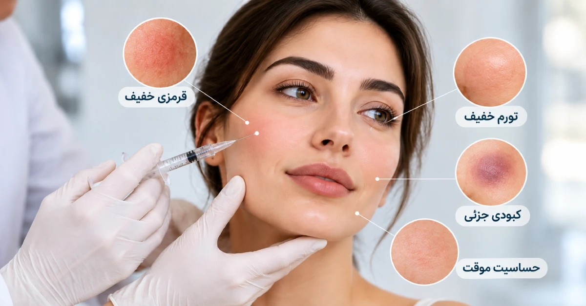 عوارض احتمالی جالپرو پس از تزریق با نمایش قرمزی، تورم خفیف، کبودی و حساسیت موقت پوست